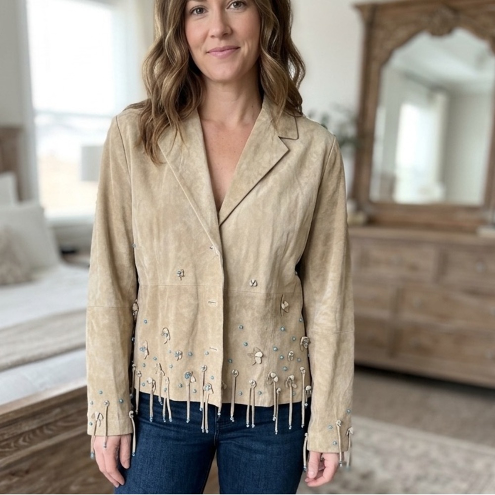 Victor Costa Tan Suede Blazer with Blue Accents